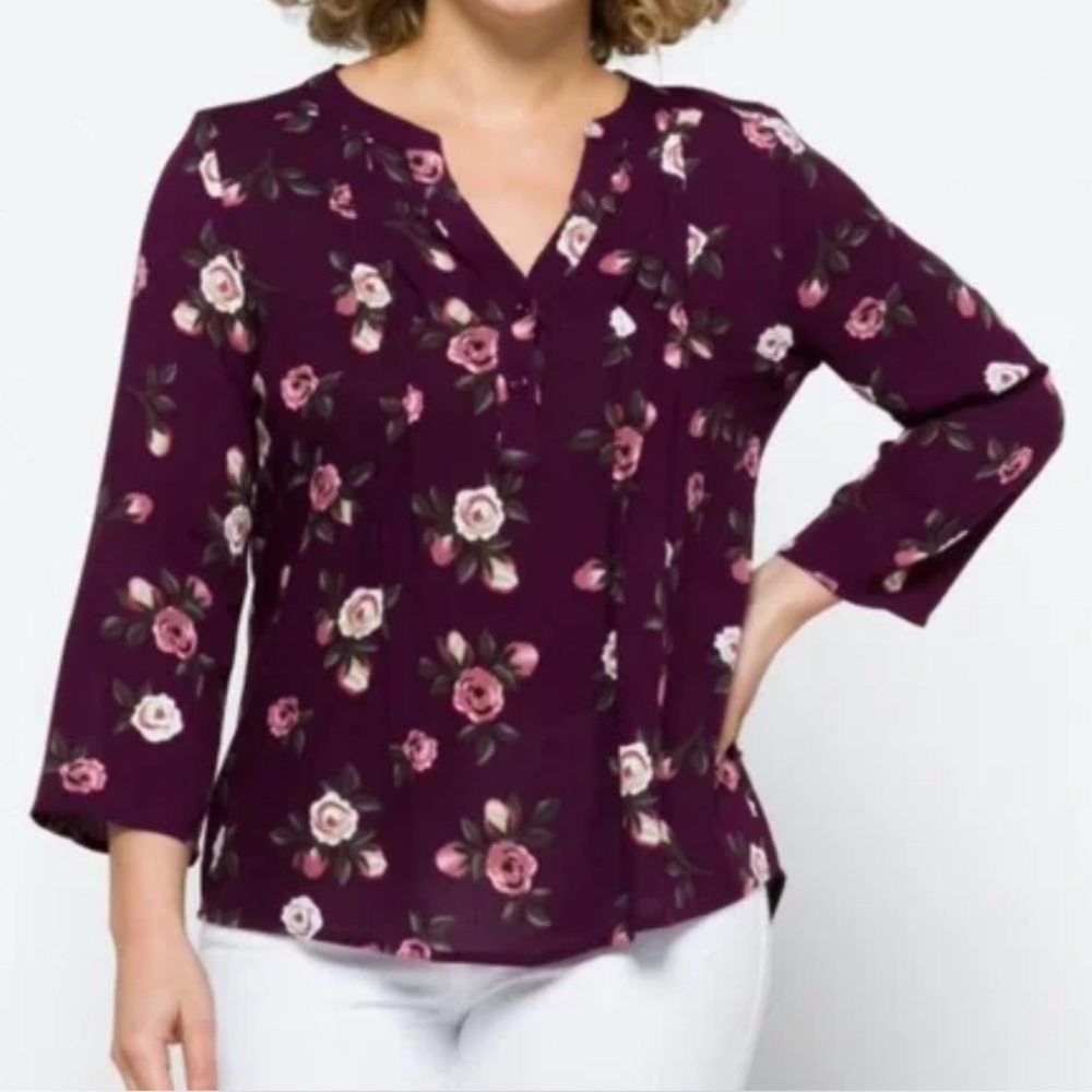 Monday Fun Floral Burgundy 3/4 Sleeve Blouse Size Medium